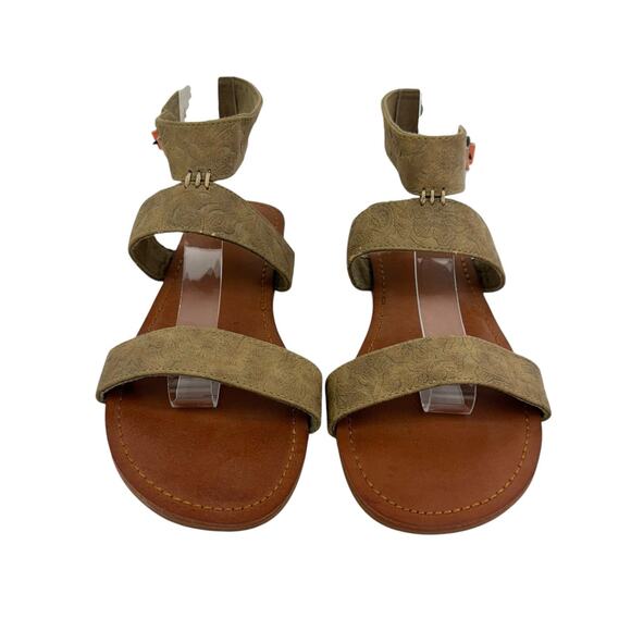 Roxy Marron Faux Leather Embossed Ankle Strap Flat Summer Sandals - Picture 3 of 10